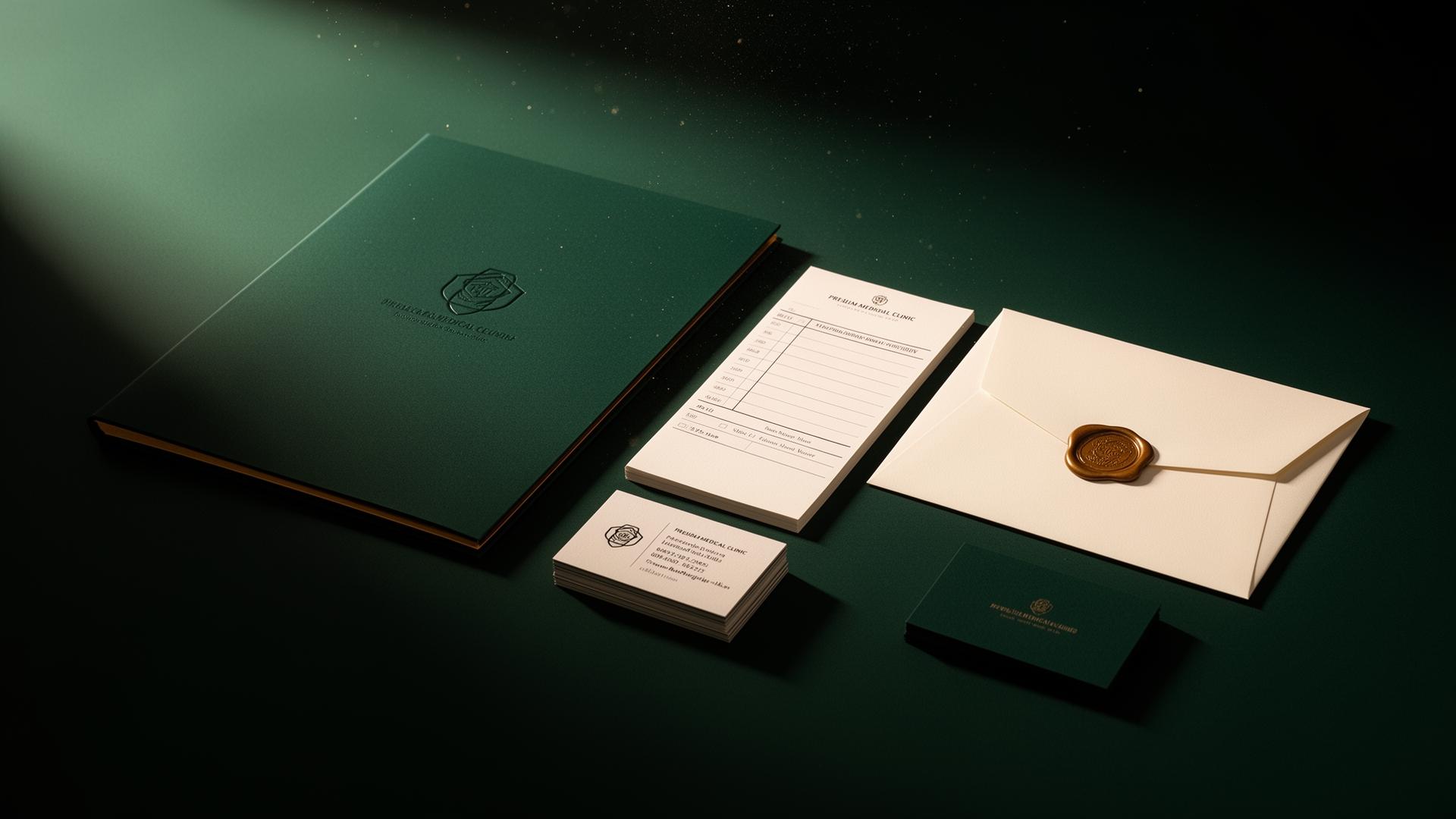 Composição de papelaria premium da Gráfica Izidio em iluminação cinematográfica